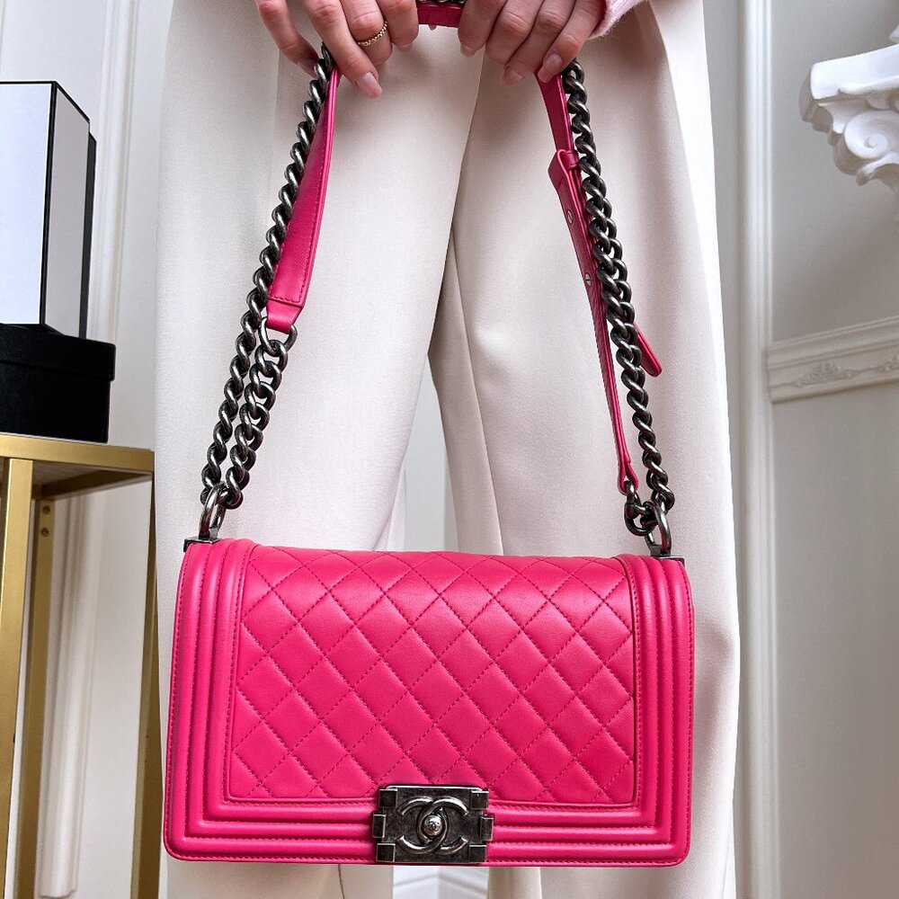 Authentic Chanel Old Boy Medium Pink Lambskin Quilted Crossbody Bag B0816